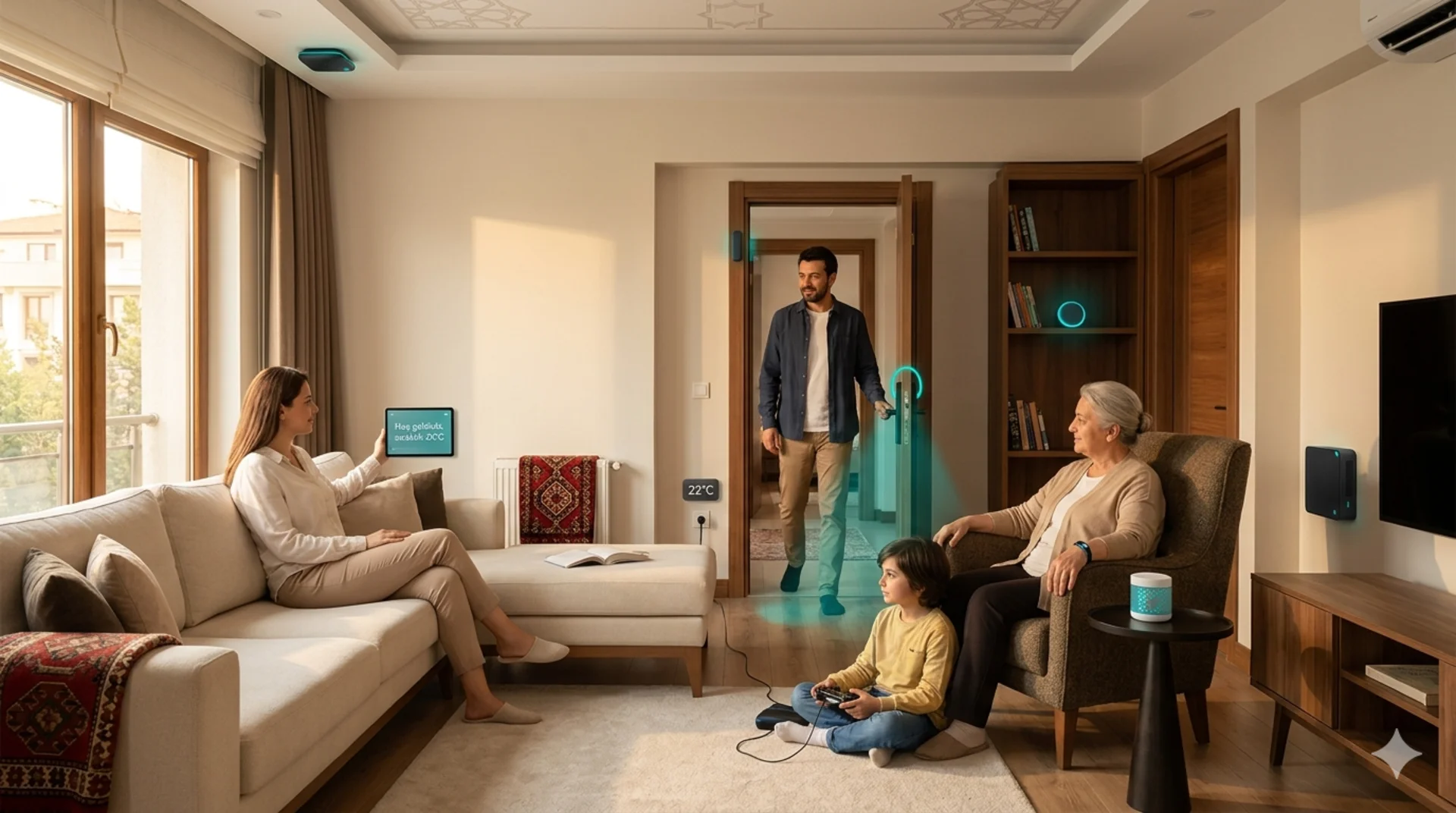Nûr Home — Aile bireyleri akıllı ev teknolojisiyle günlük yaşamda. Görünür cihazlar: tablet, sensör, akıllı priz, Mini PC.